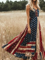 Women Vintage American Flag Print Sleeveless V Neck Fit & Flare Maxi Dress