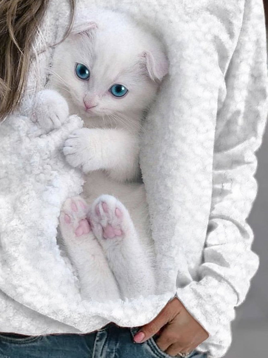 Crew Neck Cat Print Casual Sweatshirt