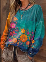 Vintage Floral Print Round Neck Long Sleeve T-Shirt