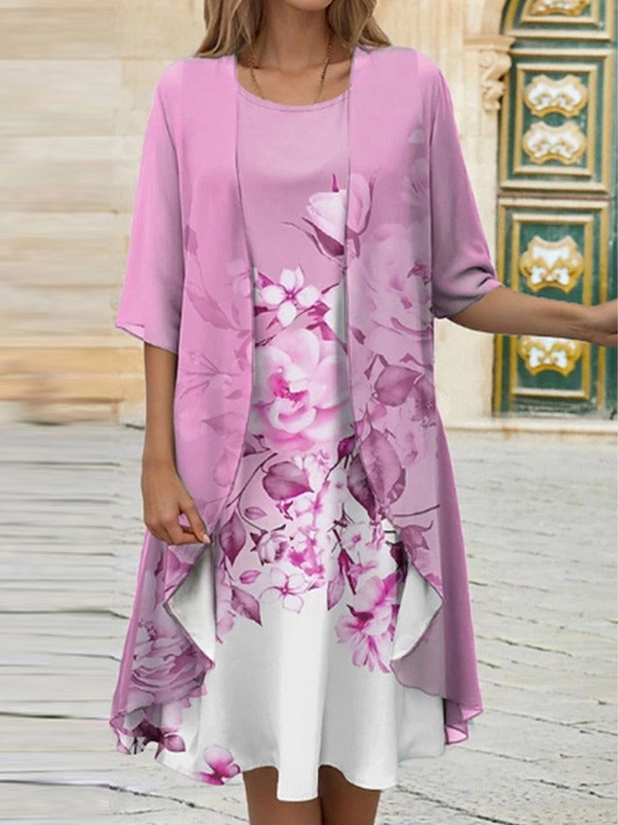 Floral Print Crew Neck Half Sleeve Two-Piece Dress