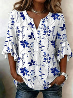 White Chinoiserie Floral Ruffle 3/4 Sleeve V-neck Top