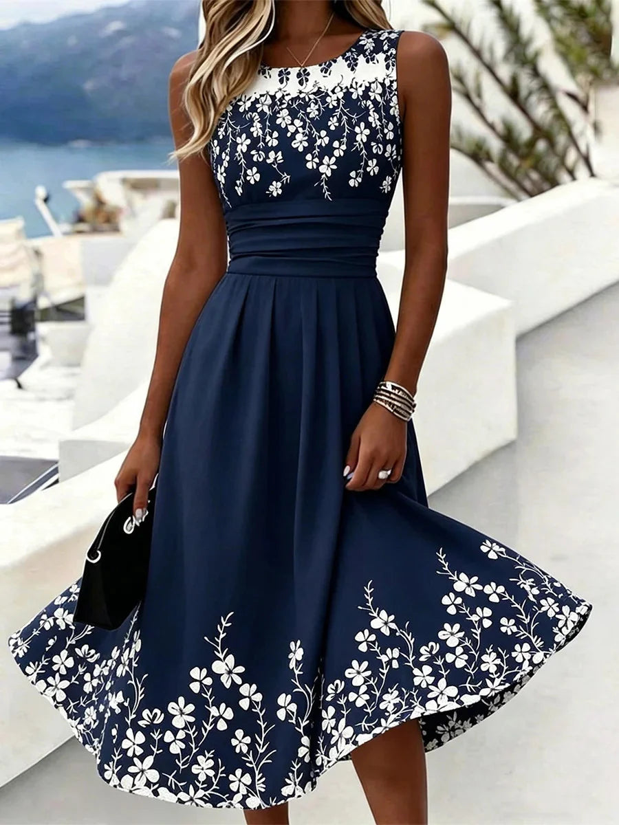 Navy Floral Round Neck Sleeveless Ruched Waist Midi Dress