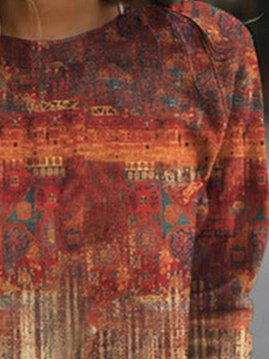 Casual Ethnic Floral Print Loose Pullover Sweatshirt
