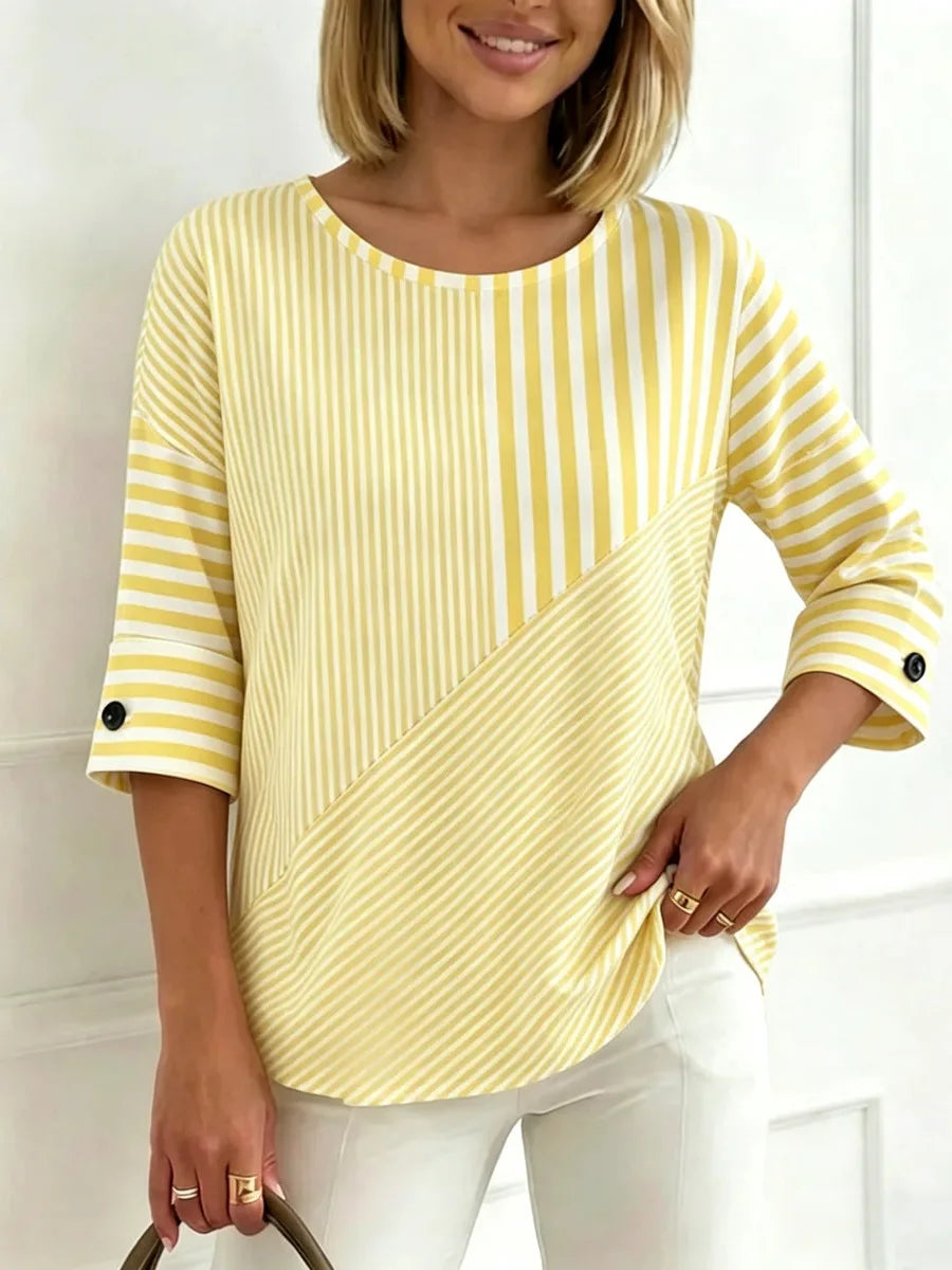 Mixed Stripe Print Round Neck 3/4 Sleeve Top