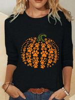 Halloween Crew Neck Long Sleeve Pumpkin Print Blouse