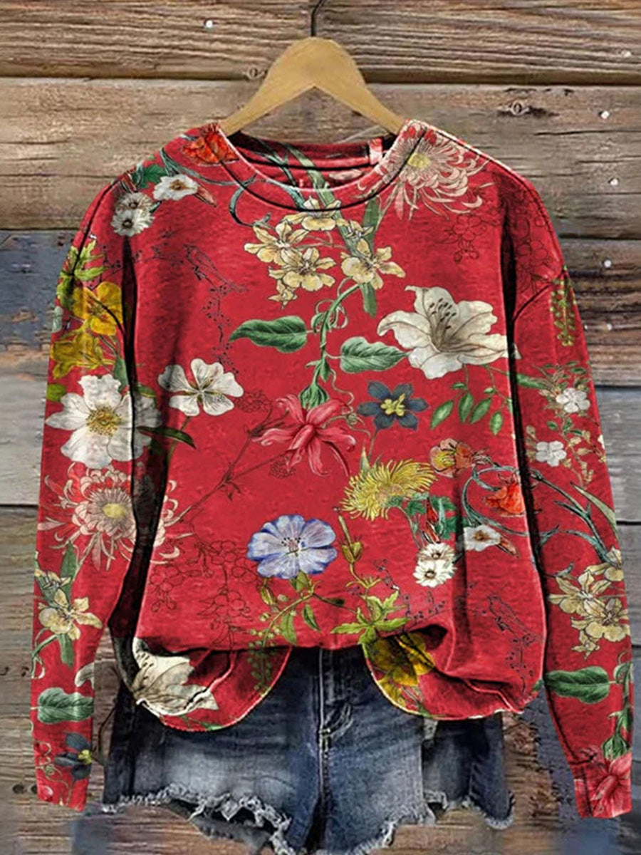Vintage Floral Print Round Neck Long Sleeve Sweatshirt