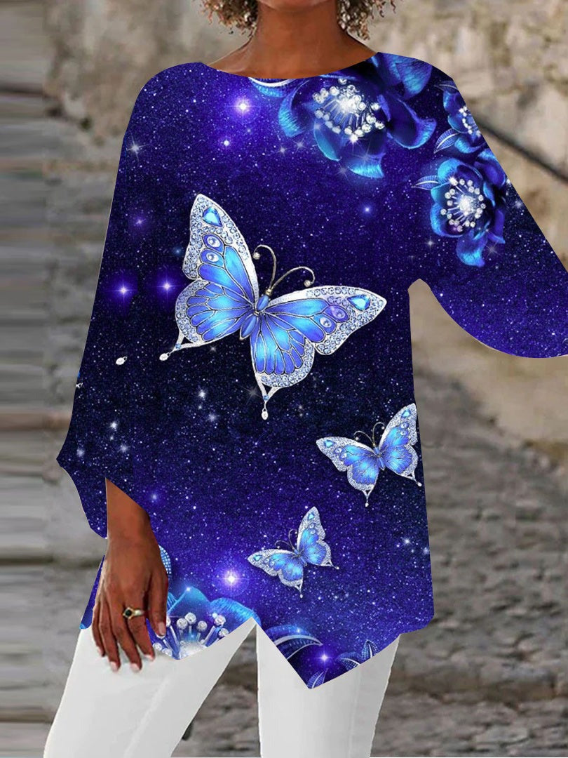Blue Casual Graphic Tops Round Neck Butterfly Printed Long Sleeve Blouse
