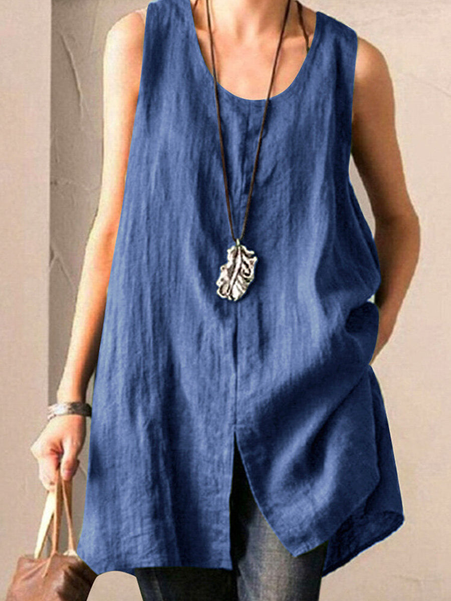 Casual Irregular Split Round Neck Sleeveless Blue Top