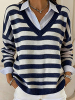 Blue Striped V-Neck Long Sleeve Sweater