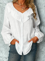 Ruffle Long Sleeve White Blouse With Buttons