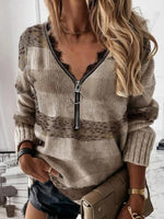Khaki Casual Tops V-neck Long Sleeve Leopard Printed Sweater
