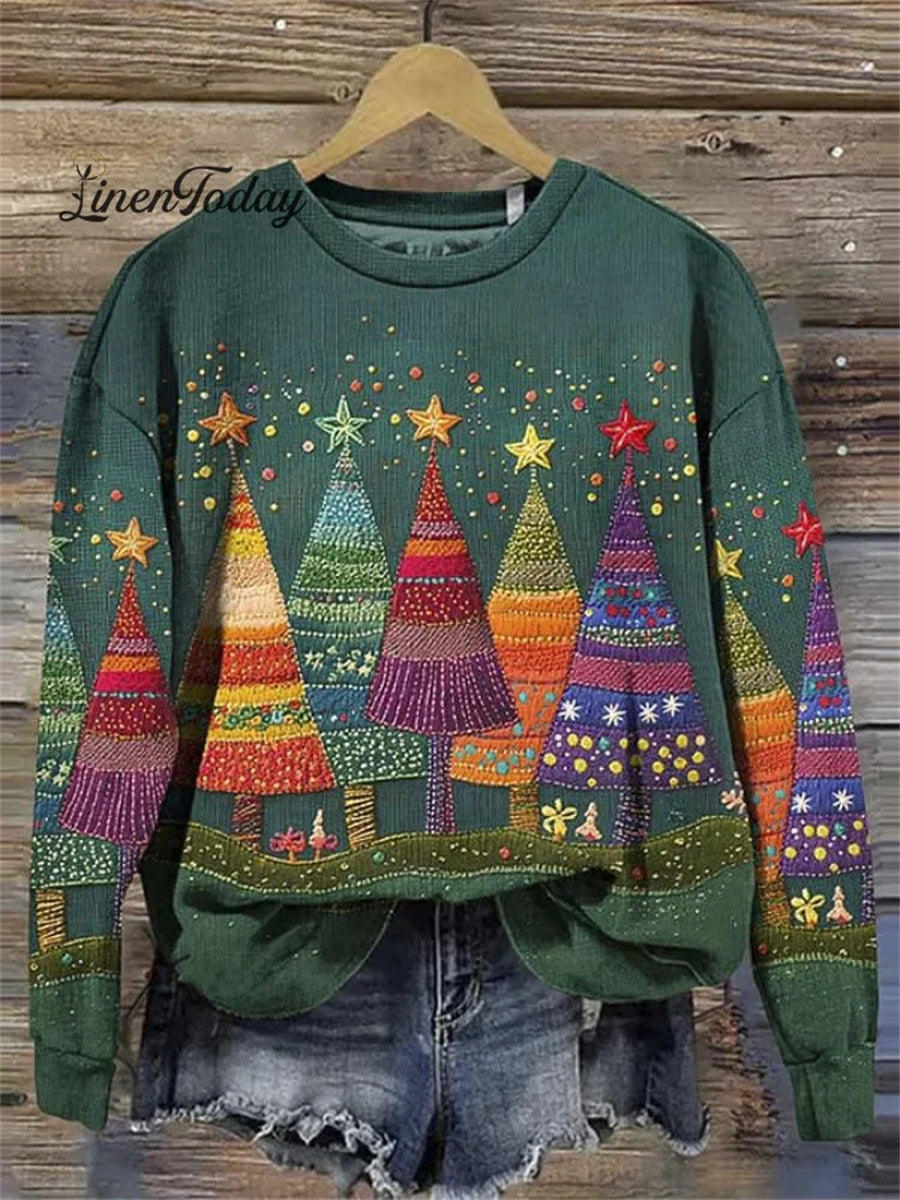 Women's Lovely Christmas Tree Art Print Round Neck Long Sleeve Casual Sweatshirt