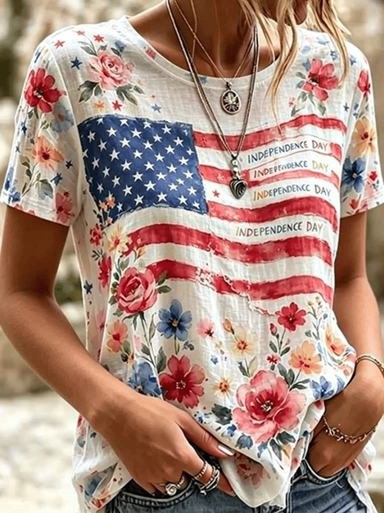Women's Independence Day Flag Art Casual Cotton Linen Short Sleeve T-shirt