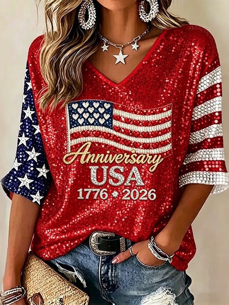 Women's Usa Anniversary Sequins Print V-neck T-shirt