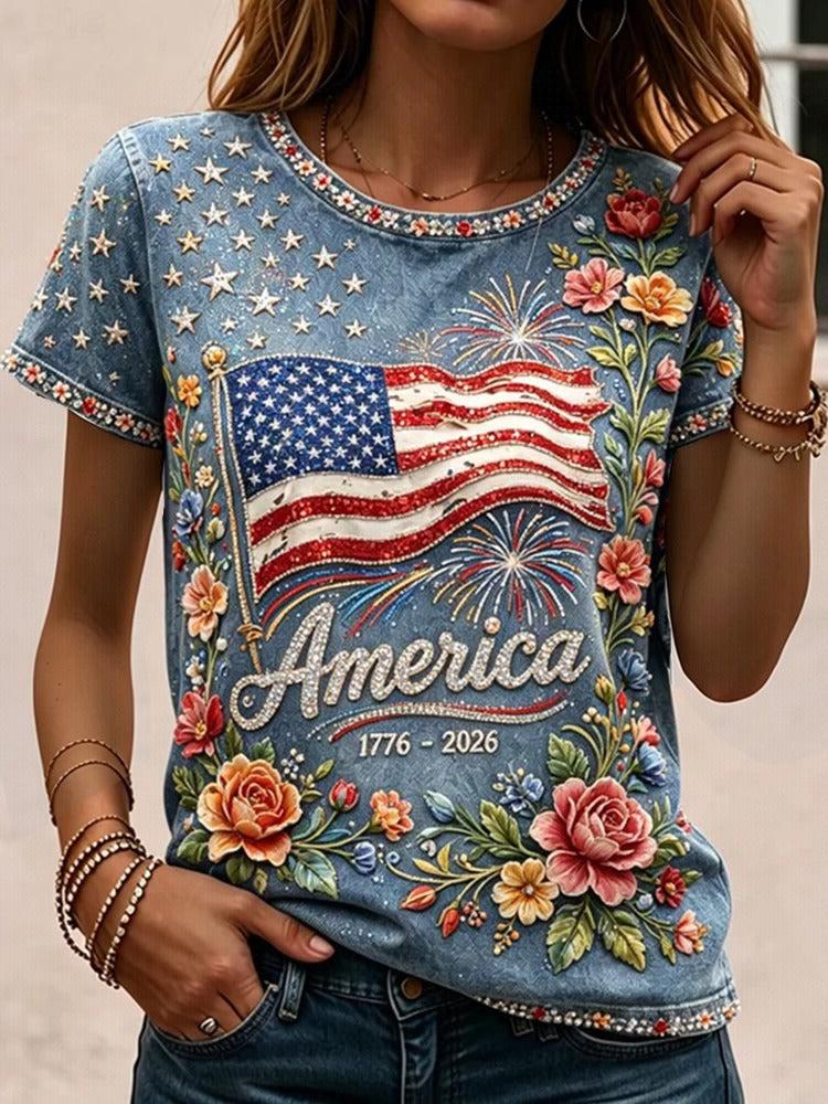 Women's Vintage American Anniversary Flag And Floral Casual Crew Neck Cotton Linen Short Sleeve Top