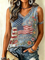 Women's American Anniversary Flag And Floral Art Cotton Linen Sleeveless Top