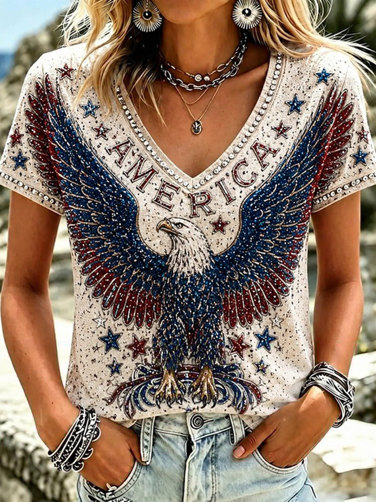 Women's Retro Usa With Eagle Pattern V-neck T-shirt