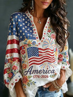 Women's American Anniversary Flag And Floral Art Patchwork Cotton Linen V-neck Long Sleeve Top