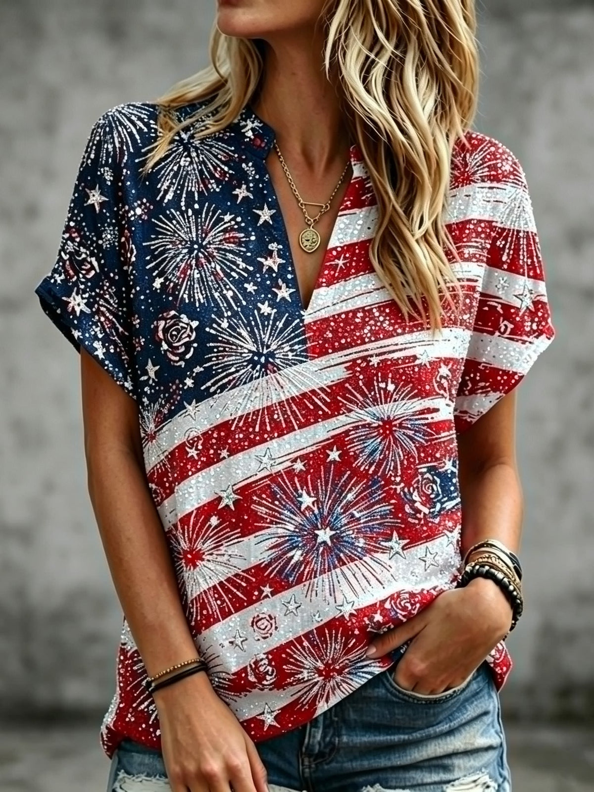 Women's Short-sleeved Top With American Flag, Rose, And Firework Prints And Sequins.