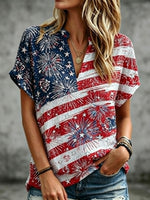 Women's Short-sleeved Top With American Flag, Rose, And Firework Prints And Sequins.