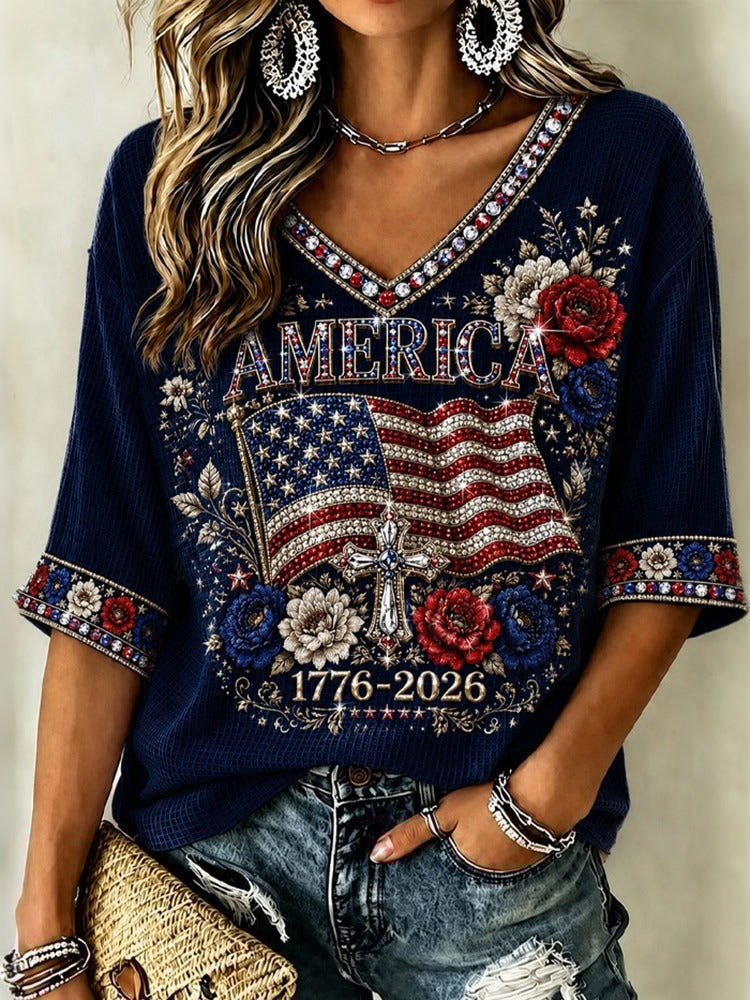 Women's Vintage Independence Day Flag Flower Art V-neck Casual T-shirt