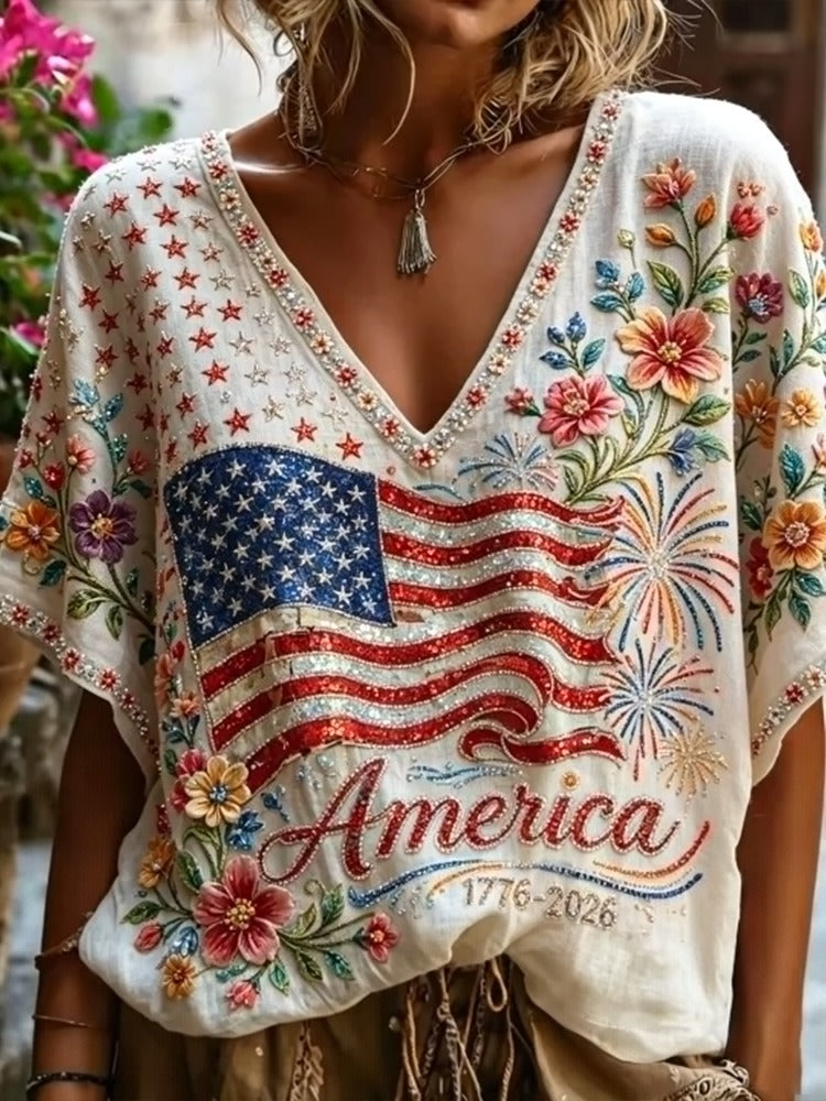 Women's Independence Day Flag And Floral Cotton Linen Loose Short Sleeve Top