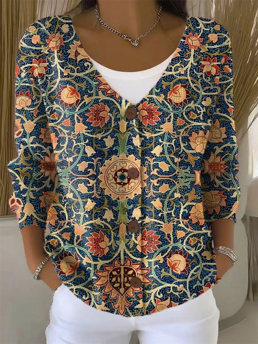Ethnic Floral Print V-neck Long Sleeve Buttoned Casual Comfy Cardigan