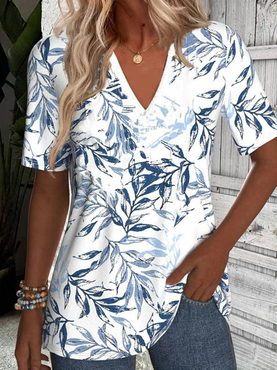 Casual Leaf Print V-neck Short Sleeve T-Shirt