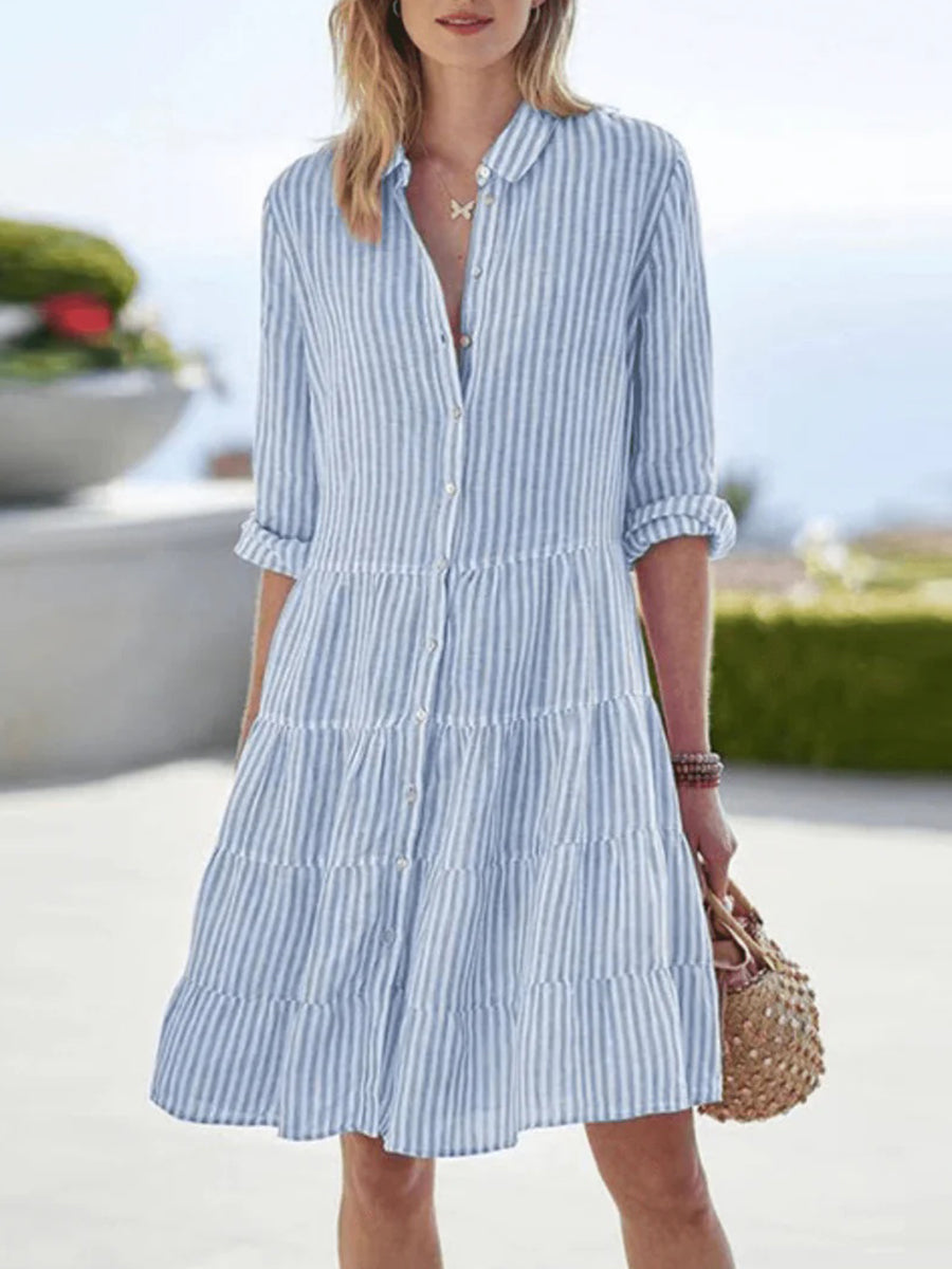 Casual Lapel Long Sleeve Striped Summer Dress