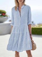 Casual Lapel Long Sleeve Striped Summer Dress