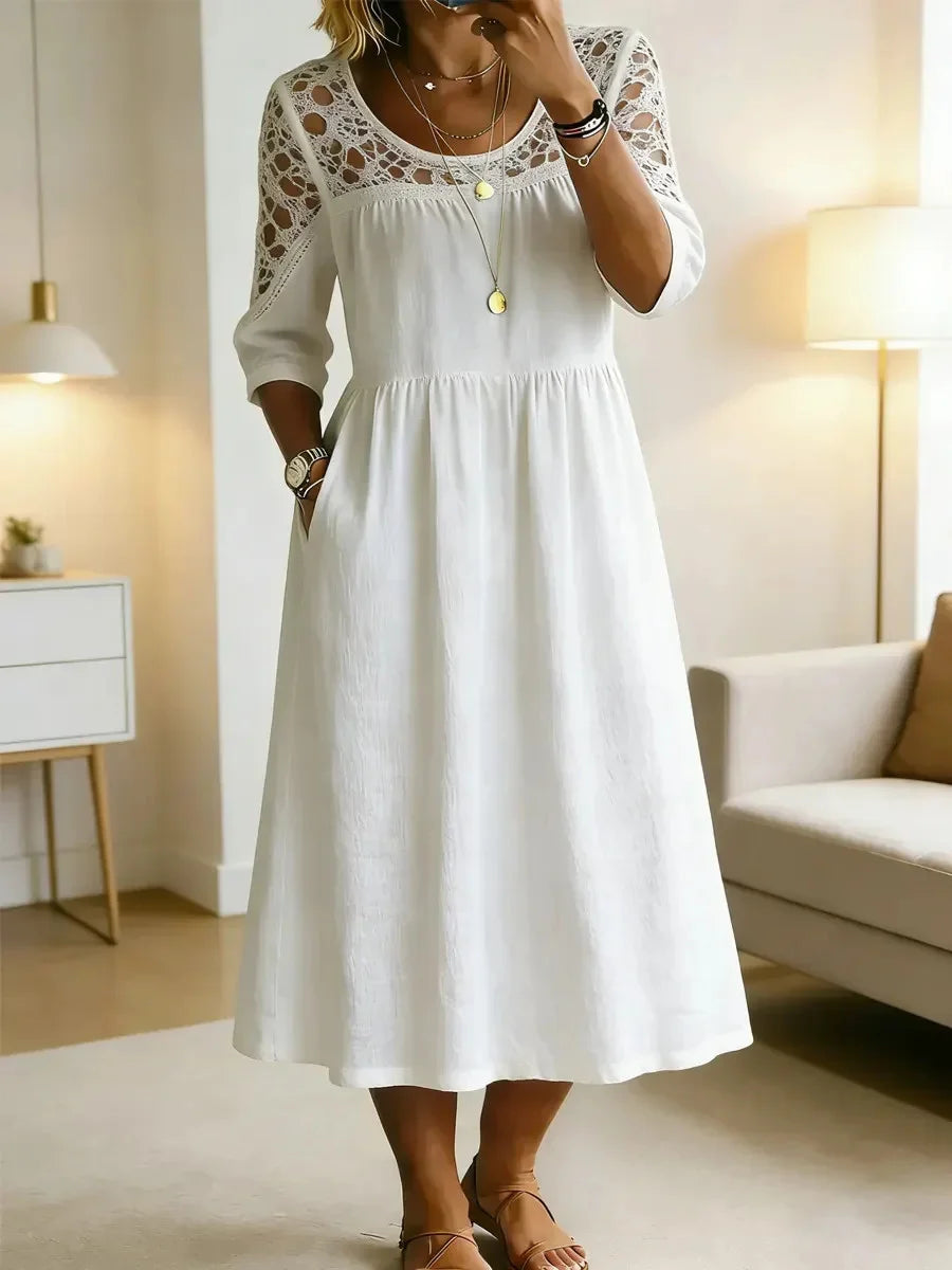 Women's Retro Stylish Hollow Patchwork Round Neck 3/4 Sleeve Maxi Dress
