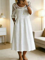 Women's Retro Stylish Hollow Patchwork Round Neck 3/4 Sleeve Maxi Dress