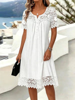 White Floral Lace Short Sleeve Ribbed Casual Midi Dress