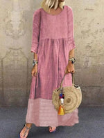 Casual Loose Plain Crew Neck 3/4 Sleeve Linen Paneled Weaving Maxi Dress