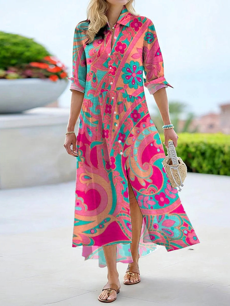 Vibrant Pink Floral Print Long Sleeve Midi Dress