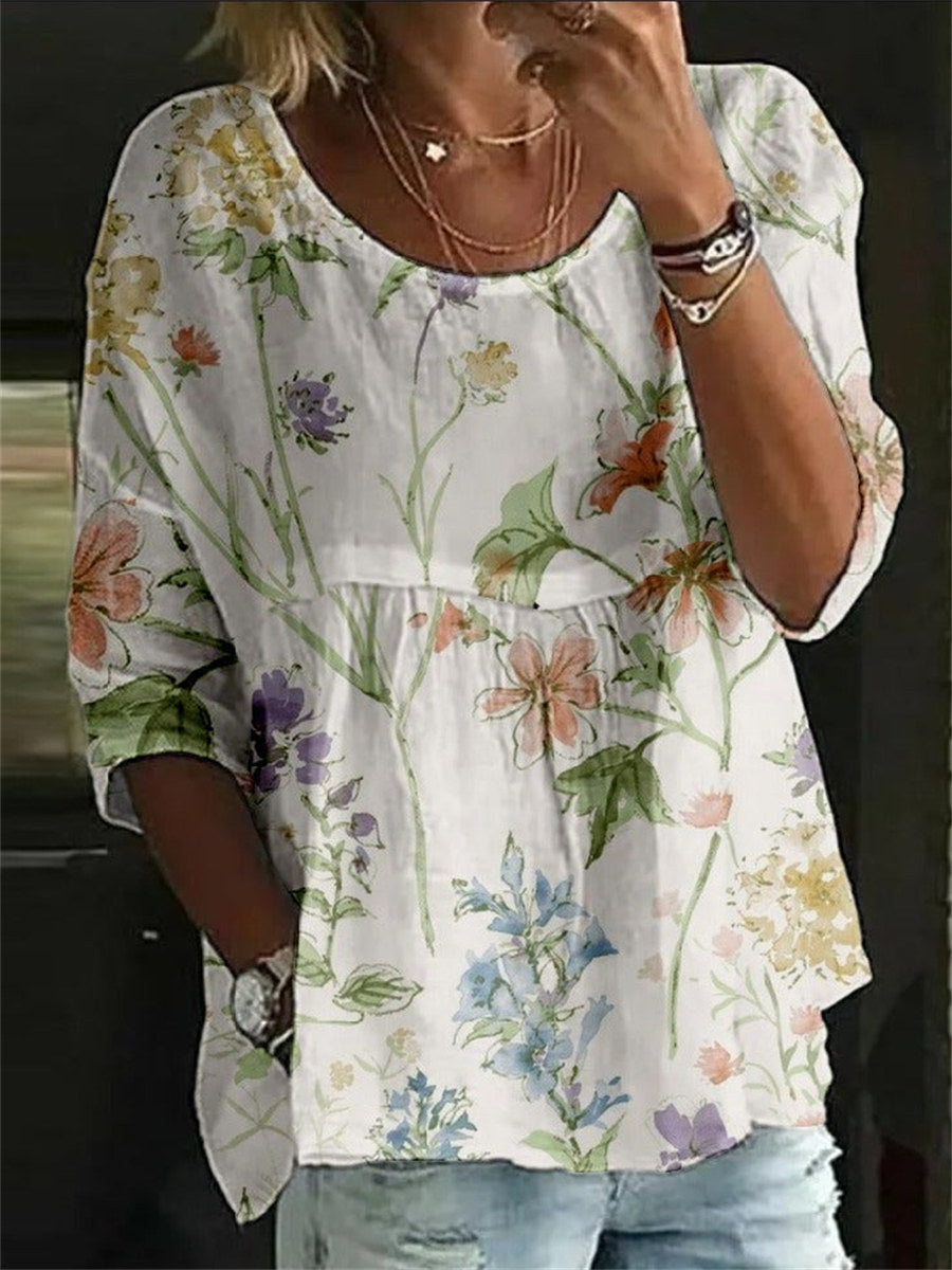 Vintage Floral Print Crew Neck Half Sleeve T-Shirt
