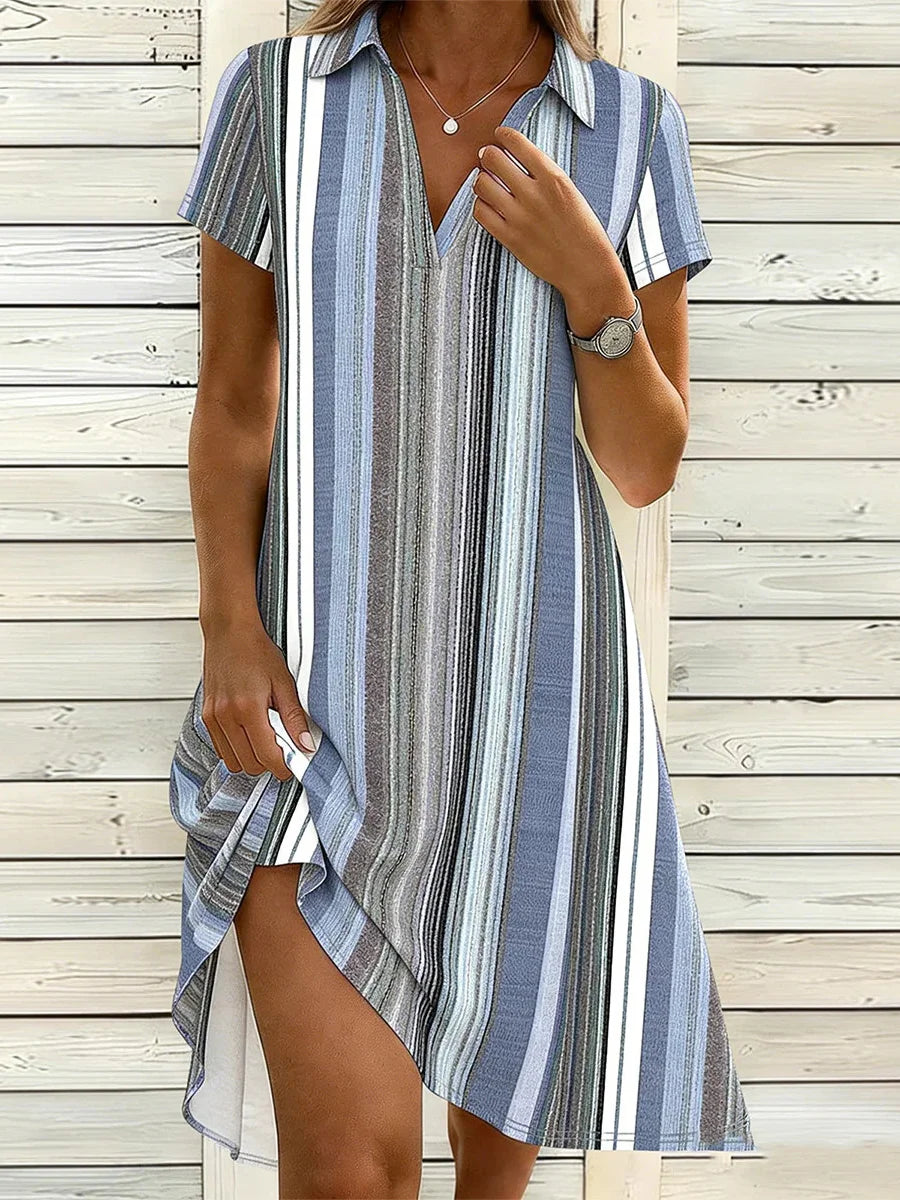 Blue Striped Asymmetrical Short Sleeve Midi Shirt Dress