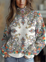 Vintage Ethnic Floral Print Round Neck Long Sleeve Sweater