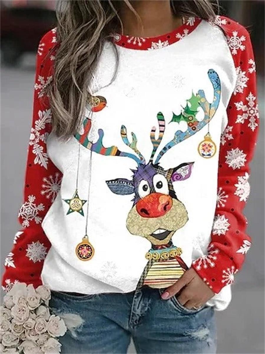 Red Casual Graphic Tops Round Neck Elk Printed Long Sleeve Xmas Sweatshirts