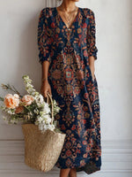 Vintage Ethnic Style V-neck Long Sleeve Dress