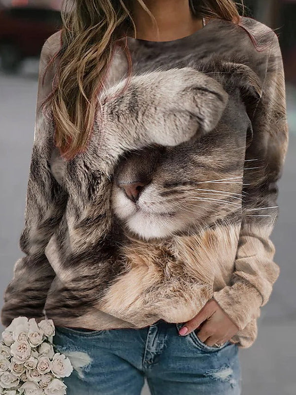 Brown Casual Graphic Tops Round Neck Long Sleeve Cover Face Cat Printed Sweatshirt