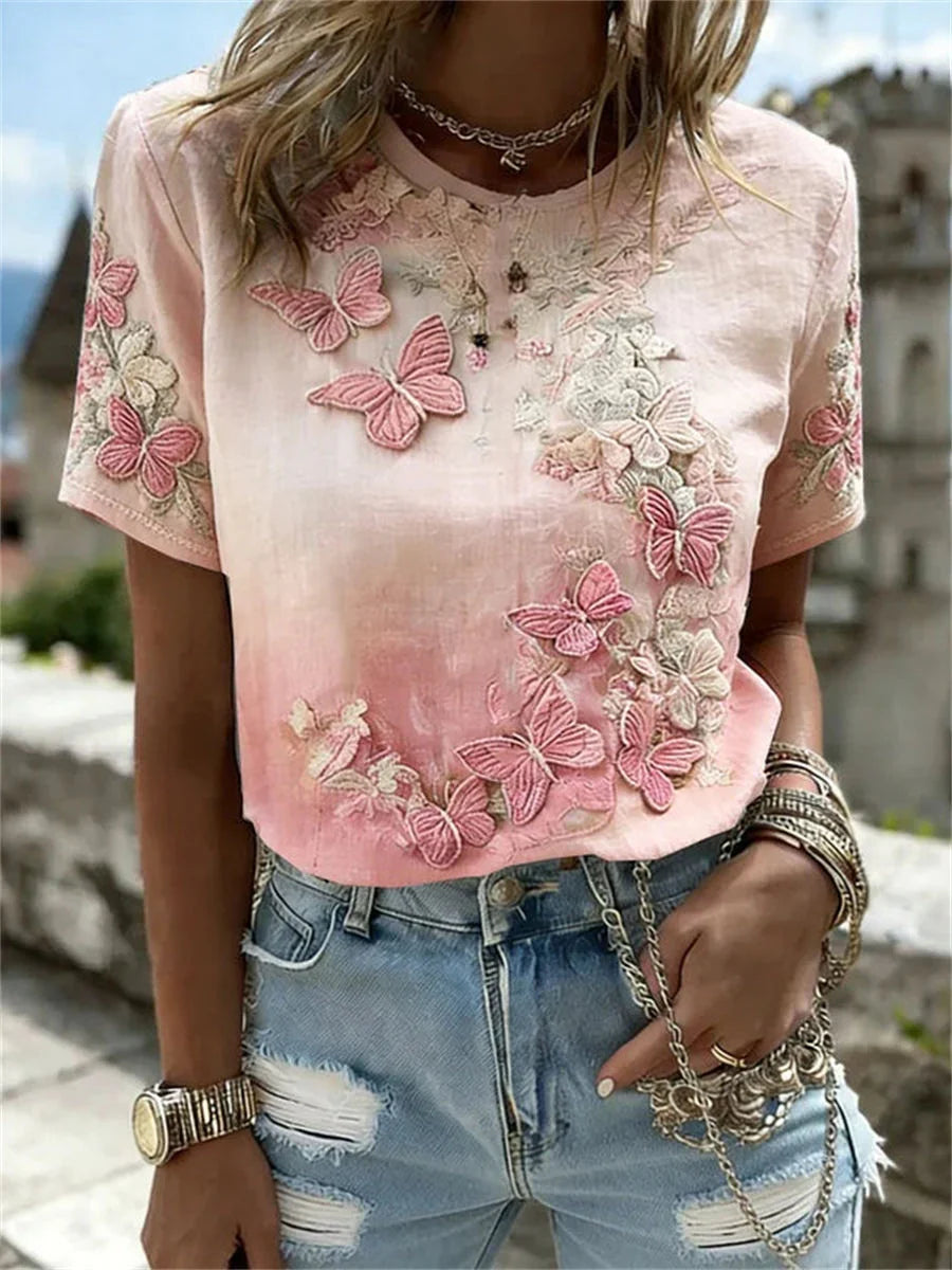 Casual Floral Print Round Neck Short Sleeve T-Shirt