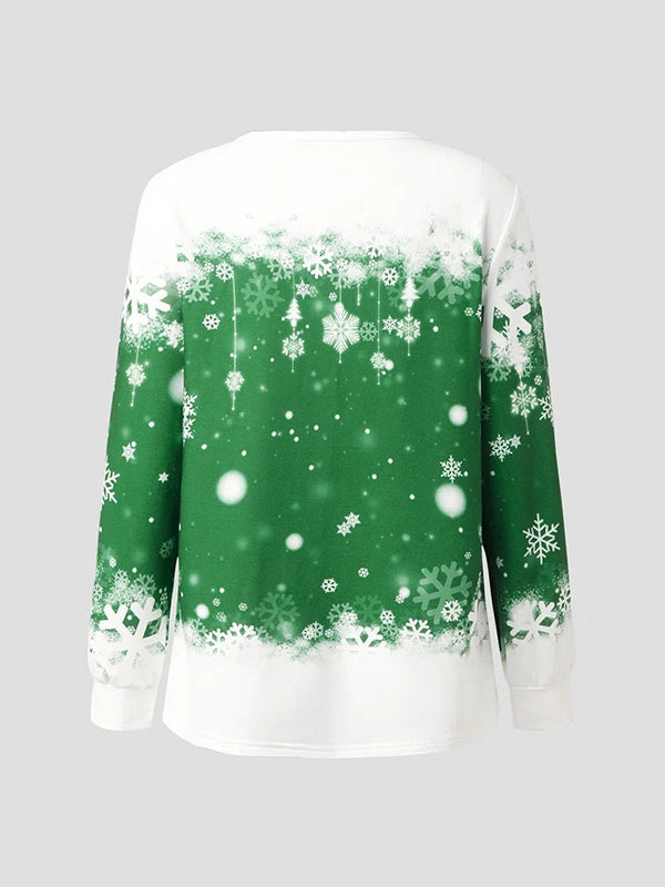 Green Casual Graphic Tops Round Neck Long Sleeve Snowman Printed Xmas Sweatshirt
