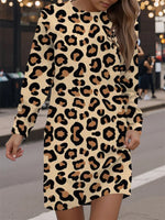 Casual Round Neck Long Sleeve Leopard Dress