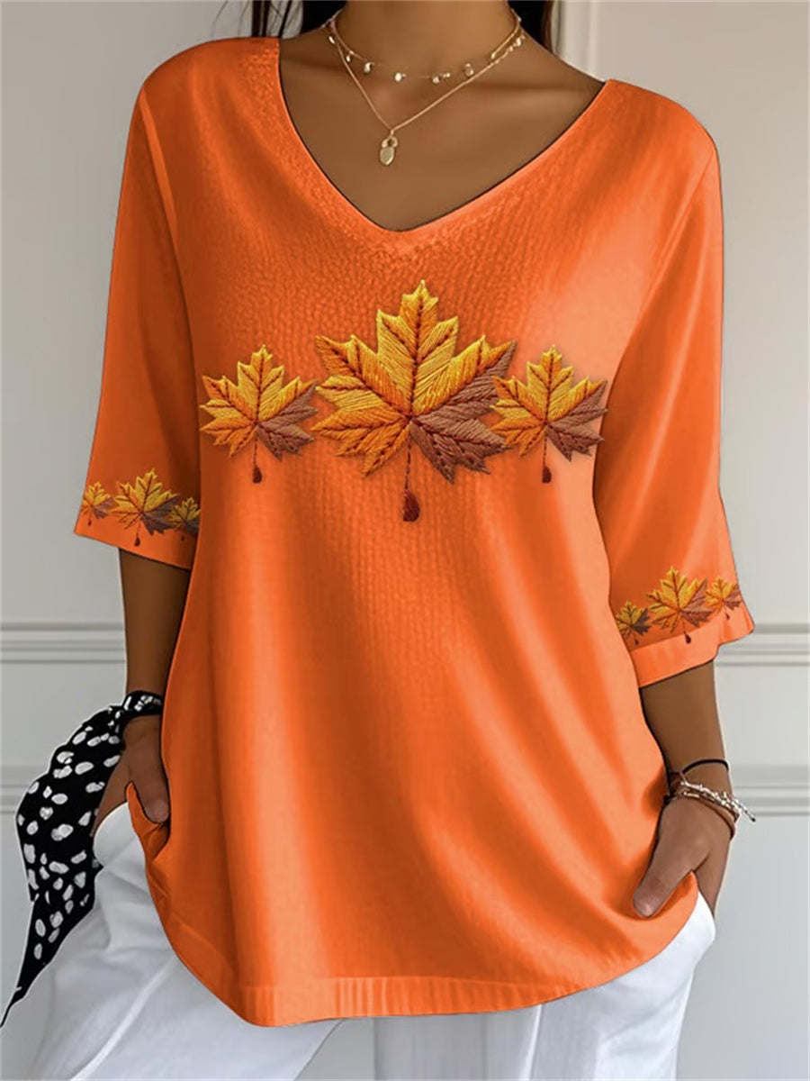 Women's Autumn Maple Leaf Printed V-neck 3/4 Sleeve Bubble Wrinkle Top
