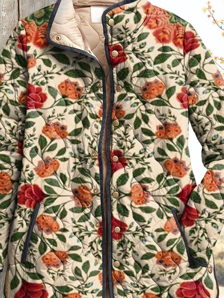 Women's Vintage Lovely Floral Art Print Casual Quilted Cardigan
