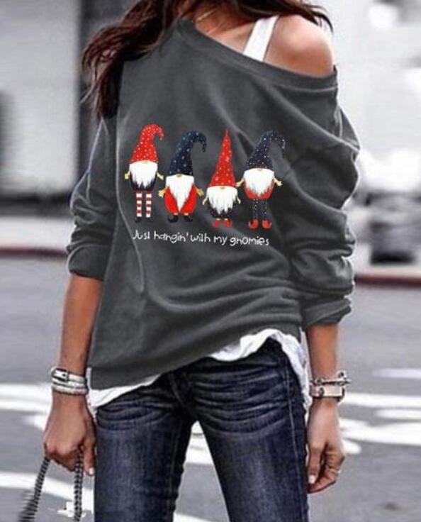 Santa Printed Long Sleeve Oblique Shoulder Sweatshirt