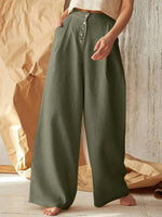 Solid Color High Waist Casual Button Cotton Wide Leg Pants