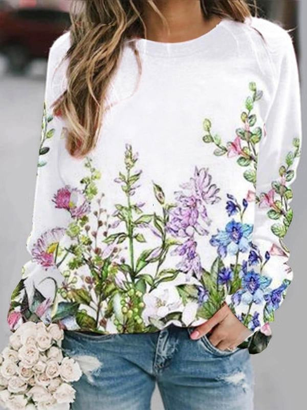 White Casual Graphic Tops Round Neck Long Sleeve Floral Printed Sweatshirt