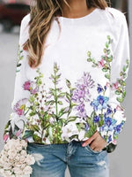 White Casual Graphic Tops Round Neck Long Sleeve Floral Printed Sweatshirt